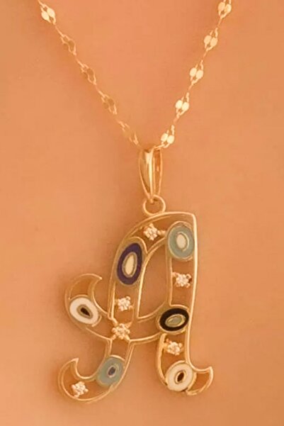 K KRAFTIVA JEWELRY 14 Ayar Altın A Harfli Nazar Boncuklu Göz İnce Aynalı Zin...