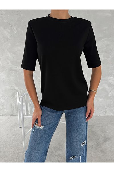 BE CHİC Women Short Sleeve Cycling Collar Shoulder Padded Modal Fabric Textured Loose Tshirt Ml4300