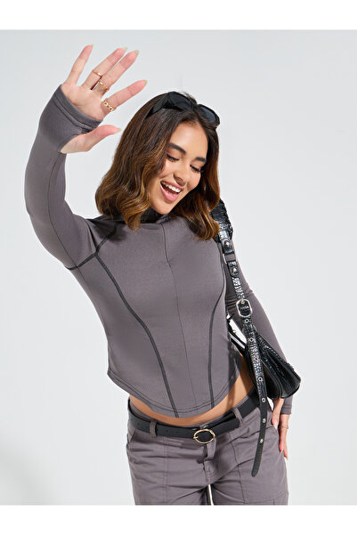 Styli Fitted High Neck Badge T-Shirt with Thumbhole Sleeves