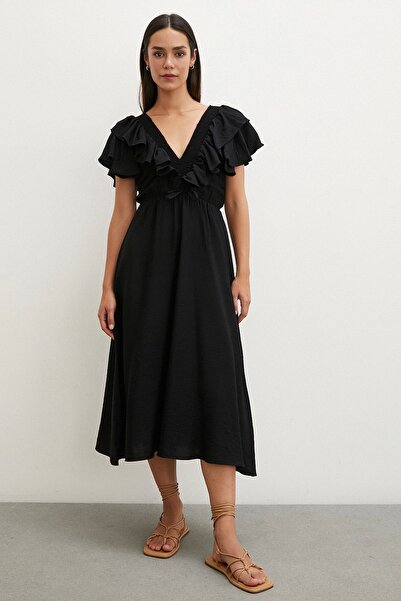 TRENDQUEL Fırfır Detaylı V Yaka  Gipeli Keten Elbise Siyah
