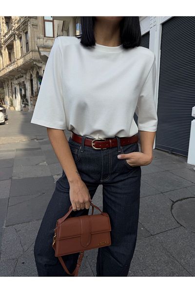 BE CHİC Women Short Sleeve Cycling Collar Shoulder Padded Modal Fabric Textured Loose Tshirt Ml4300