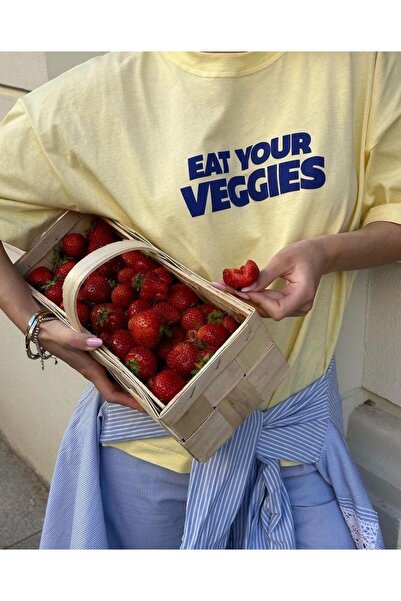 NO 601 Γυναικείο μπλουζάκι με κίτρινο Vegan εμπριμέ Loose Fit χτενισμένο βαμβ...