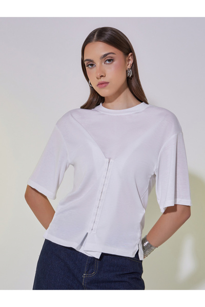 Take Two By Styli Solid Round Neck Hook and Eye Detail T-Shirt