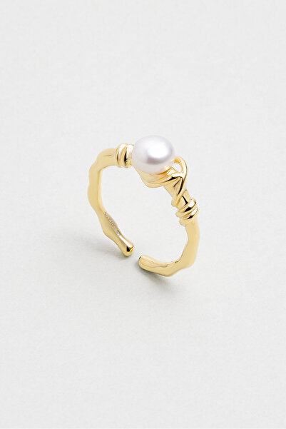 So CHIC... Doğal İnci Taşlı 18 Ayar Sarı Altın Kaplama Ayarlanabilir Gümüş Yüzük