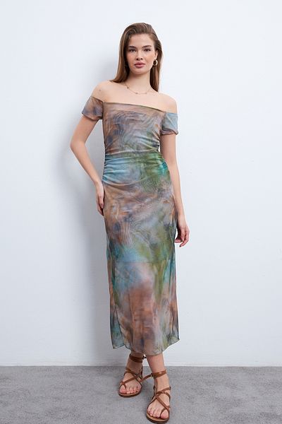 Know Women's Paint Pattern Boat Neck Lined Tulle Dress