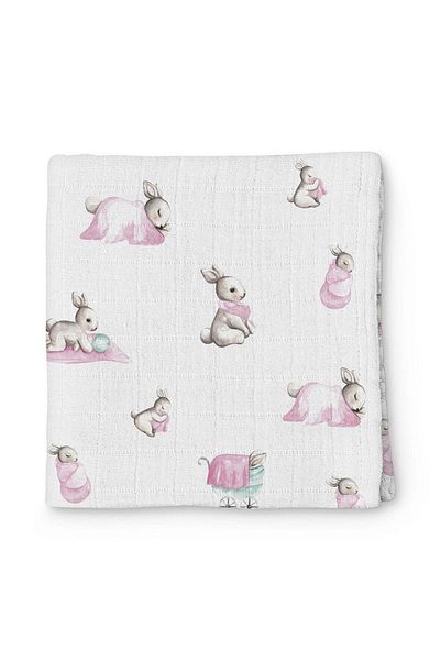 DEUX LAPINS 100% Cotton Muslin Baby Blanket - Bébé Lapin Rose 70X70 cm
