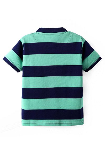 Pine kids Pine Kids Cotton Striped Polo T-Shirt with Text Patch - Navy Blue & Green