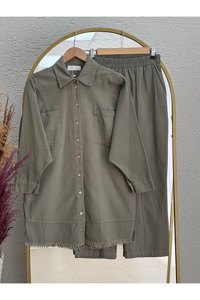Ebrar Store Sema Shirt Tasseled Gabardine Suit with Trousers-Ay8579 Mint