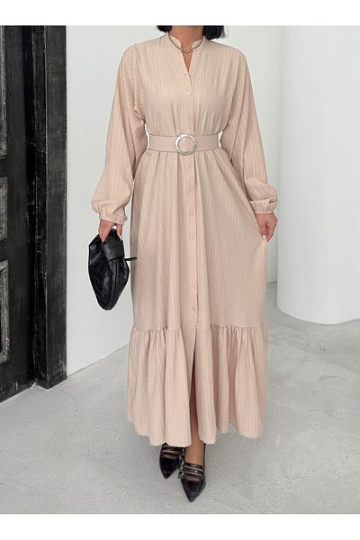 BEJNA Beigefarbenes, gewebtes Maxikleid für Damen mit Gürtel