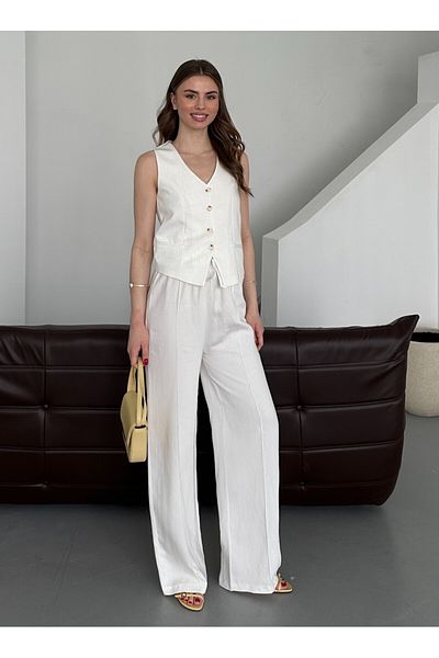 Laluvia Weiß gestreiftes Weste-Hosen-Set – 8555