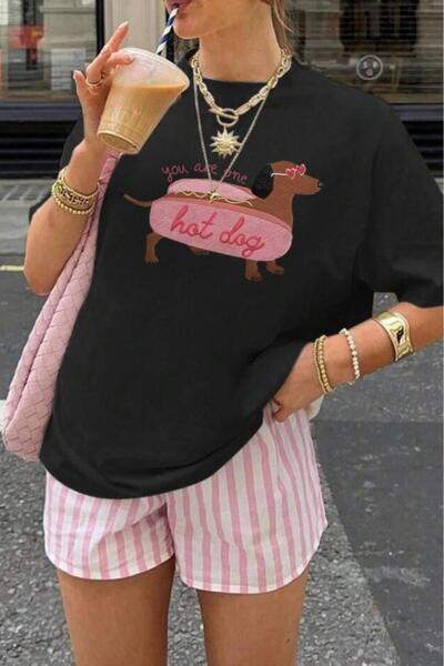 NO 601 Tricou negru din bumbac pieptănat cu imprimeu supradimensionat Hot Dog pentru femei
