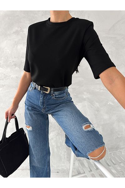 BE CHİC Women Short Sleeve Cycling Collar Shoulder Padded Modal Fabric Textured Loose Tshirt Ml4300