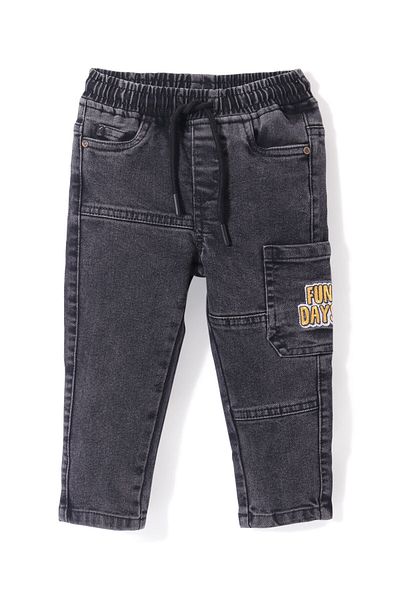 Babyhug Denim Full Length Solid Color Jeans with Text Embroidery - Black