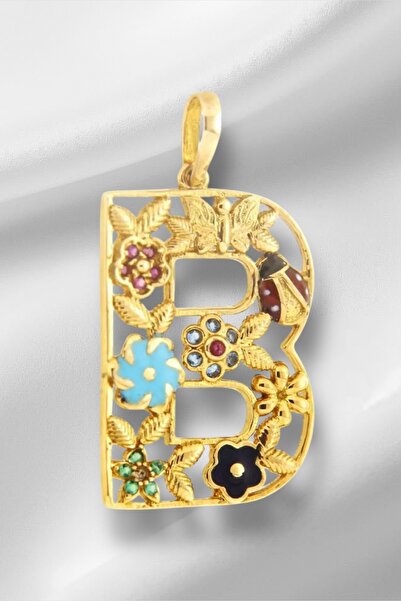 KRAFTIVA JEWELRY 14 Ayar Altın B Harfli Çiçekli Cennet Bahçesi Kolye Ucu