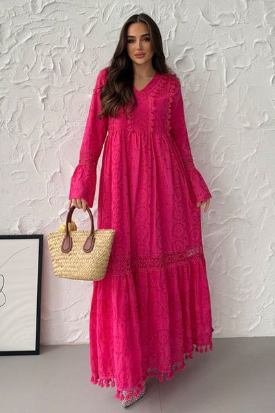 AYASOFYA OTANTIK Women's Pink Scalloped V-Neck Lace and Tassel Detail Long Flounce Sleeve Long Dress