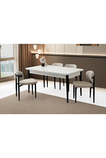 Evistro Ortadan Açılır Büyüyen 70x120cm Beyaz Ahşap Salon Yemek Masa Bej Sand...