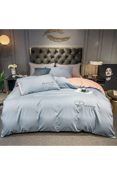 COOYA Home Comforter Set King Size, Solid Color Washed Cotton, Embroidery ,Light Blue