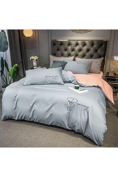 COOYA Home Comforter Set King Size, Solid Color Washed Cotton, Embroidery ,Light Blue