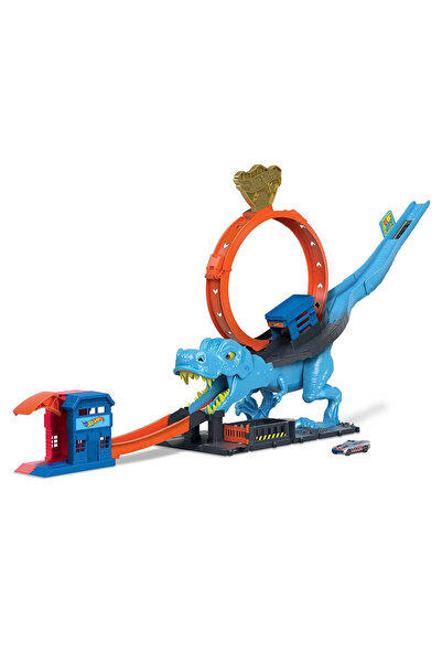 HOT WHEELS 1 adet oyuncak araba içeren Hot Wheels™ şehri pist seti, T-Rex akrobasi ve yarış çemberli oyun seti