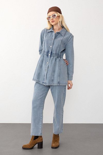 Olcay Jachetă cu talie albastră elastică Pantaloni Denim Set 9265-TK
