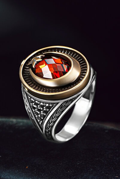 OSMANLI GÜMÜŞ Erkek Gümüş Yüzük - Kırmızı Zirkon Taşlı Ay Yıldız Motifli Erke...