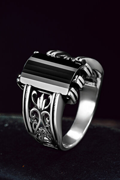 OSMANLI GÜMÜŞ Erkek Gümüş Yüzük - Siyah Oniks Taşlı Oval Model Erkek Yüzük