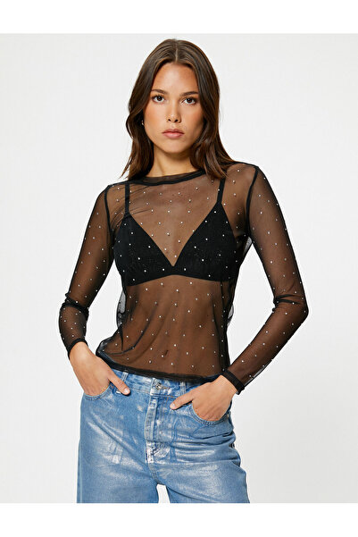 Koton Διαφανές μακρυμάνικο μπλουζάκι με λαιμόκοψη με γυαλιστερή πέτρα