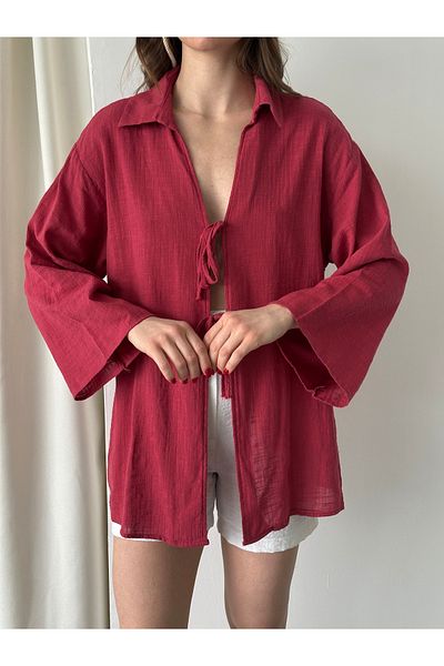 Laluvia Burgunderrote Kimono-Bluse aus 100 % Leinen mit Spitzendetail – 5218