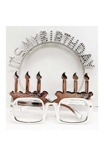 Modafiks It's My Birthday Written Crown and Candle Shaped Glasses Set Silver Color