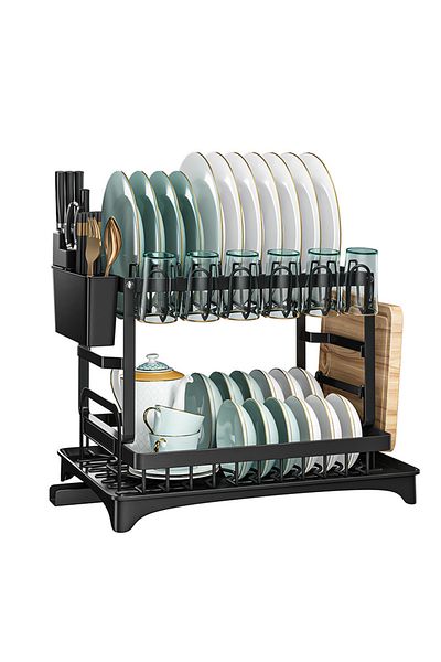 sharpdo Large Capacity Kitchen Double Layer Dish Storage Rack with Cutlery Rack and Draining Board Tray