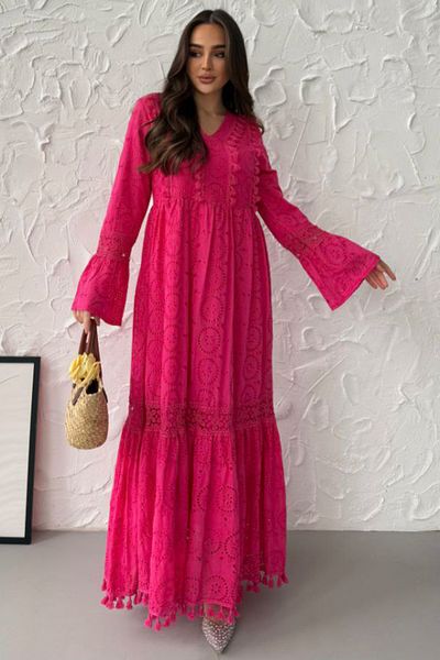 AYASOFYA OTANTIK Women's Pink Scalloped V-Neck Lace and Tassel Detail Long Flounce Sleeve Long Dress