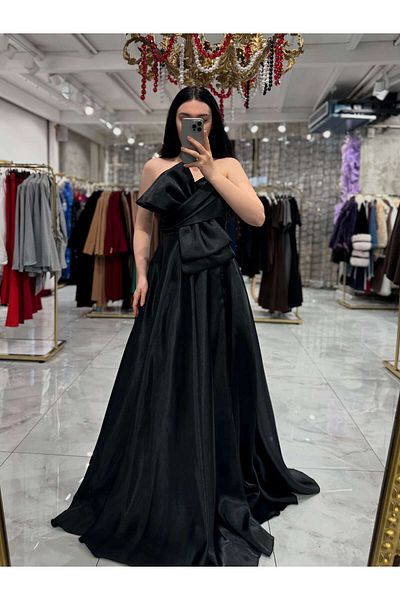 missswans Kailey Strapless Big Bow Detail Satin Long Dress Black