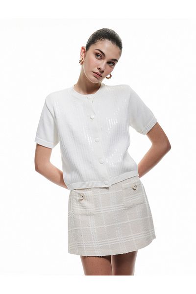 Koton Short Sleeve Crew Neck Button Sequined Knitwear Cardigan