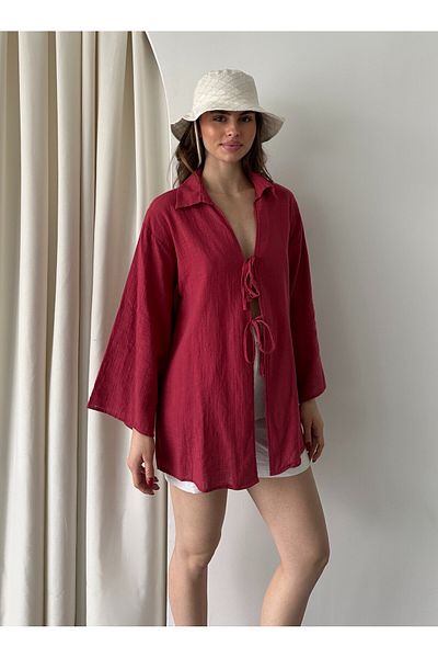 Laluvia Burgunderrote Kimono-Bluse aus 100 % Leinen mit Spitzendetail – 5218
