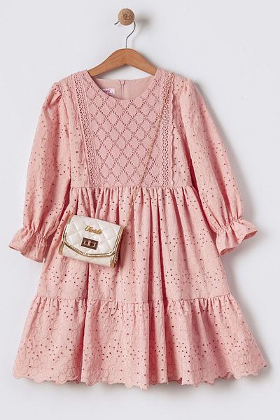 Tivido Bag Knitted Detailed Long Sleeve Girl's Brode Dress - Powder