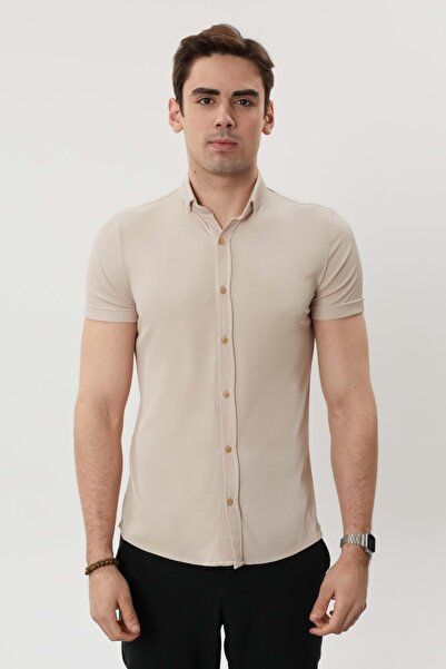 COONLESS ERKEK ÇOK LİKRALI KISA KOL GÖMLEK Bej