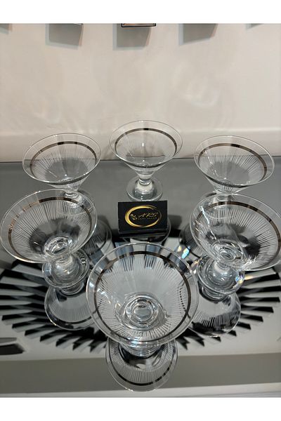Paşabahçe Ars Pasabahce Silver Gilded Decorated Footed 6-Piece Glass Bowl Presentation, Sugar Bowl, Ice Cream Bowl, Cup, Line