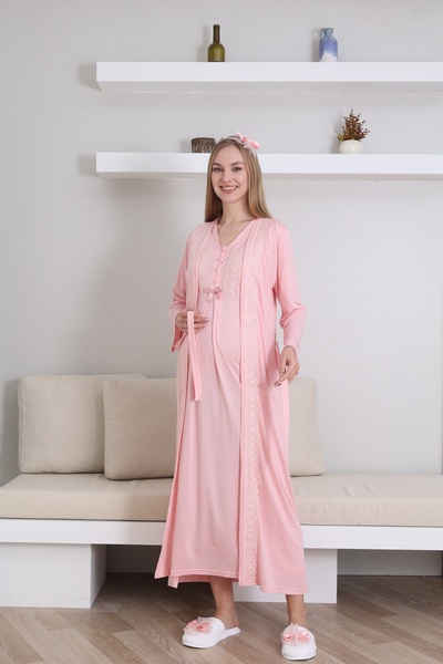 ERDENİZ TEKSTİL Sabahlıklı Düğme Yakalı Gecelikli Lohusa-Hamile 2'li Takım