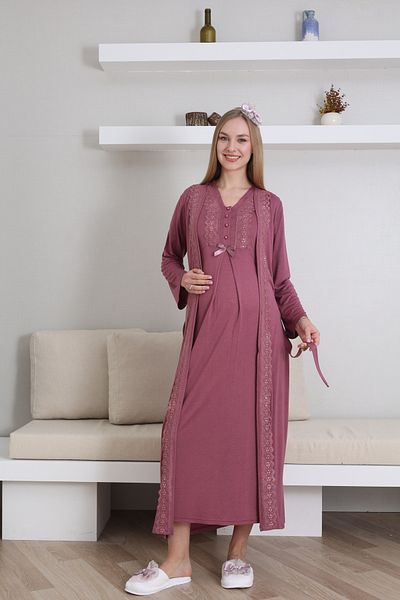 ERDENİZ TEKSTİL Maternity-Maternity 2-Piece Set with Dressing Gown and Button Collar Nightgown