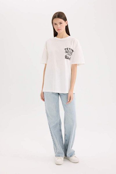 DeFacto Νέα σεζόν Oversize Wide Fit Crew Neck με στάμπα με κοντομάνικο μπλουζάκι