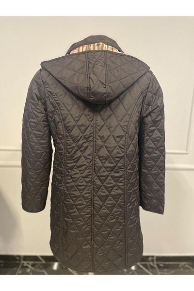 VETRE Women's Large Size Plaid 95 Cm Seasonal Black Quilted Coat 1040