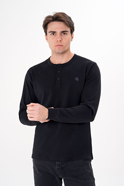UNIQVIBE %100 Organik Pamuk Siyah Uzun Kollu Erkek Düğmeli Tişört
