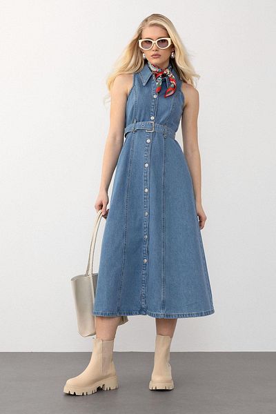 Olcay Rochie albastră din denim fără coloană - Model 9272-E cu centură susținută