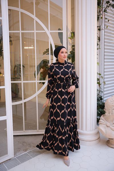 Zaure Women's Hijab Patterned Belted Viscose Dress