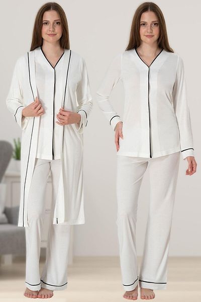 LOHOUSE Women's Ecru Long Sleeve Maternity Maternity Pajamas Set 3Pcs