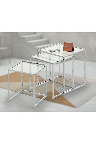 Danube Home Jorley Set of 3 Glass Nesting Table  L40xW40xH45cm - Chrome/Clear Glass