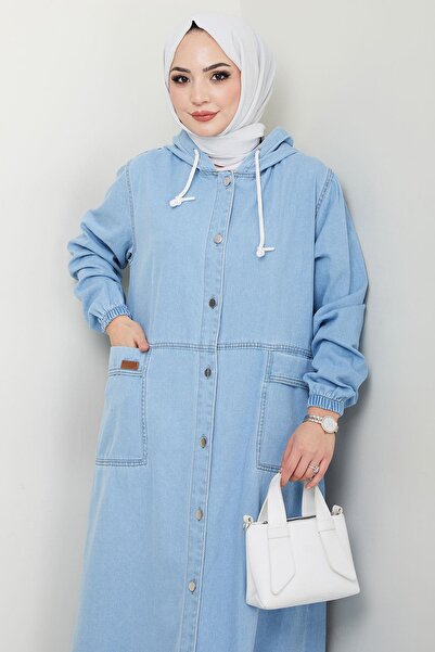 hafsamina Hooded Button Bag Pocket Denim Cap Light Blue Hm2670