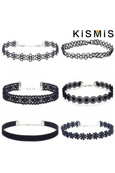 Choice 6PCS KISMIS 6Pcs/Set Black Lace Chokers Necklace Set Vintage Gothic Punk Elastic Necklace Women'S Je