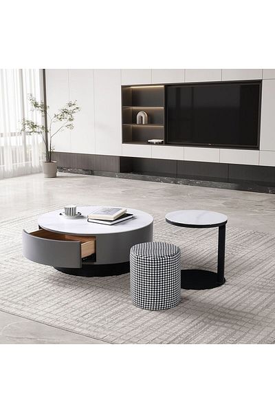 Danube Home Velarion Round Coffee Table with Stool Set of 2  L79xW79xH32cm - White/Grey