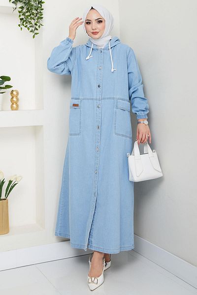 hafsamina Hooded Button Bag Pocket Denim Cap Light Blue Hm2670